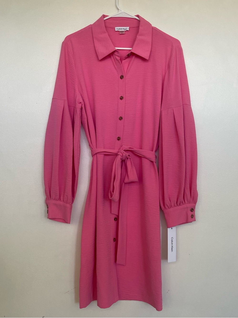 Calvin Klein Pink Button-Front Tie-Waist Shirt Dress